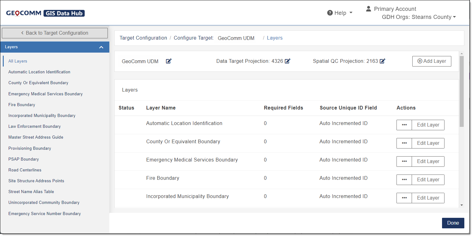 Target Configuration Here is an image of the Data Configuration workspace for layers.
